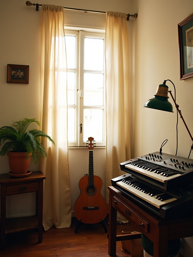The Marchstead studio. A small flat with soft morning light, vintage synths against a tile-shop wall, and notebooks spread across a wooden table.