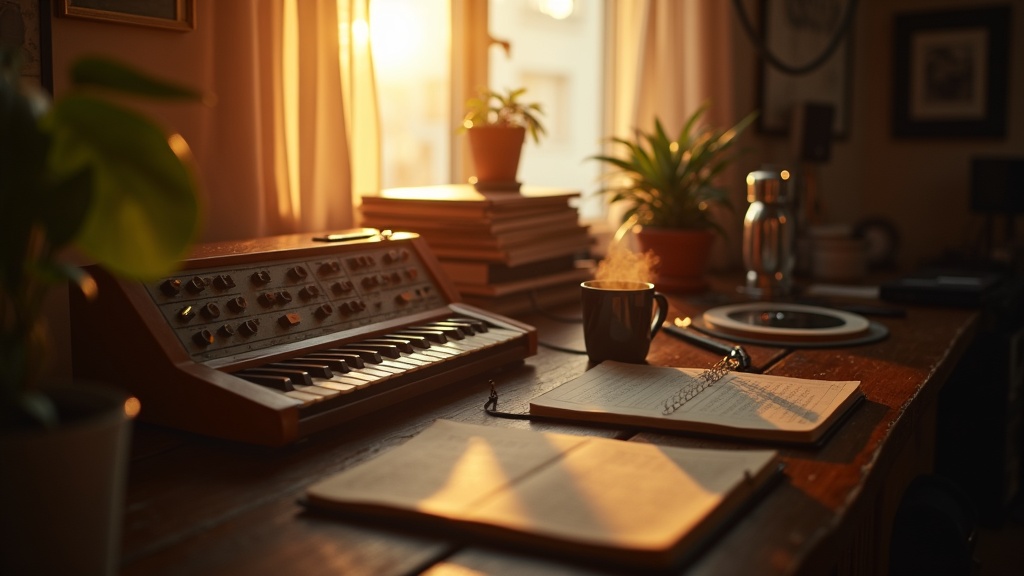 Warm afternoon light across a desk with a vintage analog synthesizer, an open notebook, and a steaming ceramic mug.