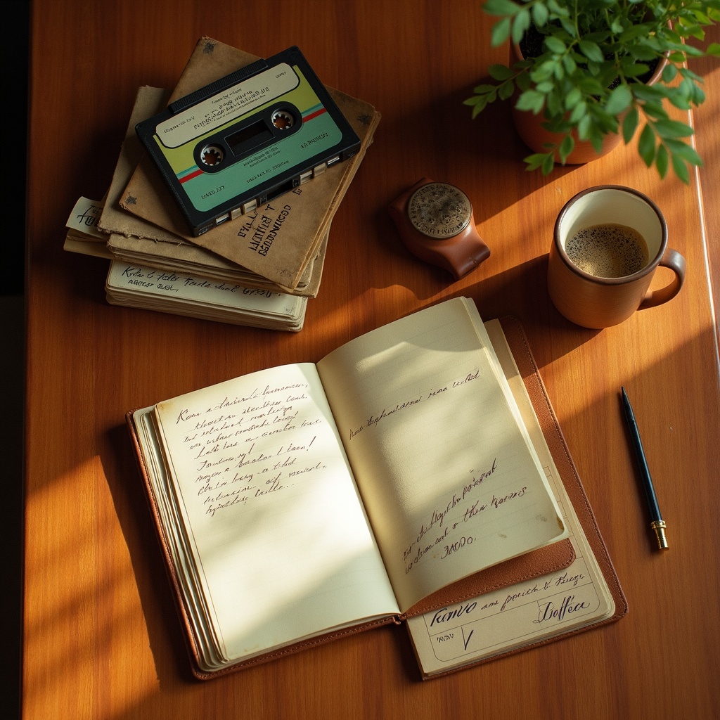 The Marchstead Headspace Bundle, laid out as a flat photograph of cassette tapes, vinyl, and a notebook on a warm wooden surface.